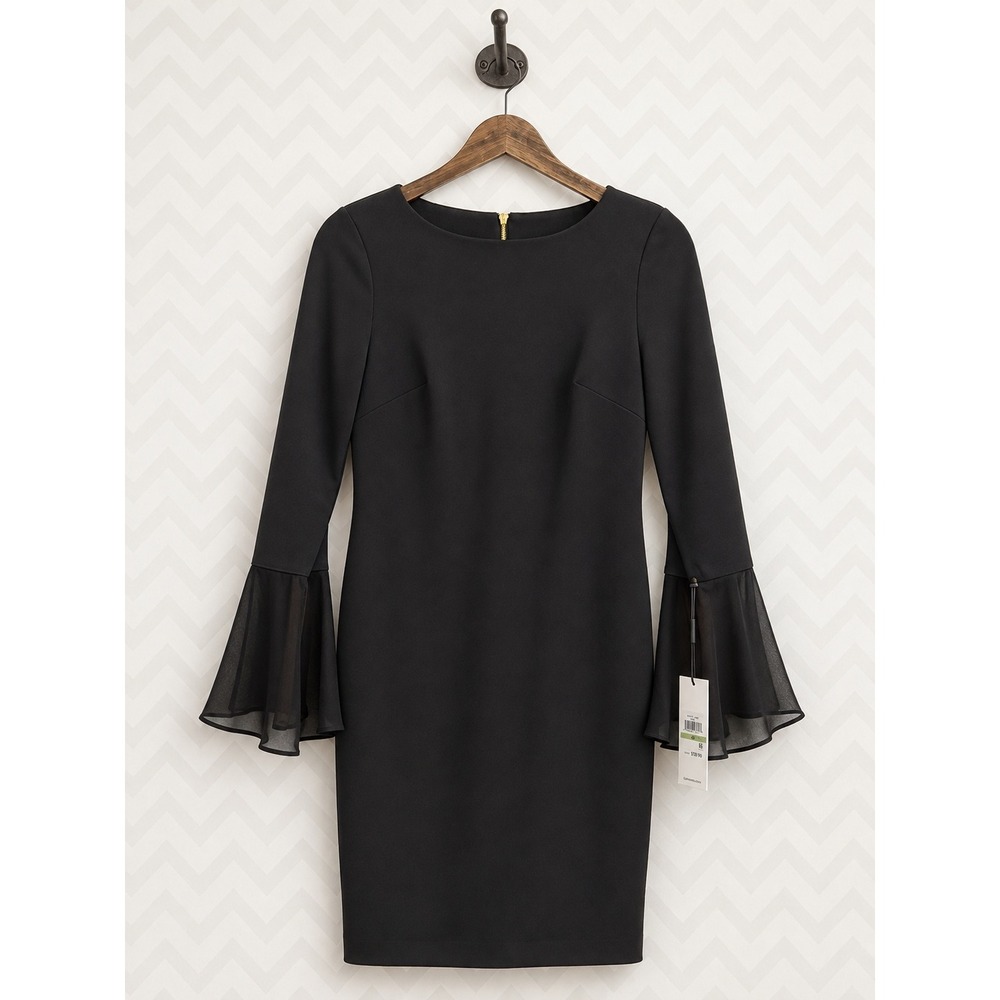 Calvin Klein Sheath Dress Chiffon Bell Sleeve Black 4P